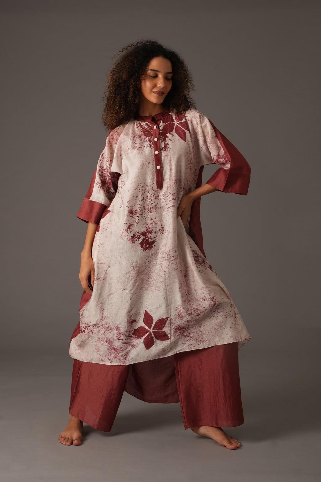 Texcher Print Gather's collar Dress with Pant & Scarff