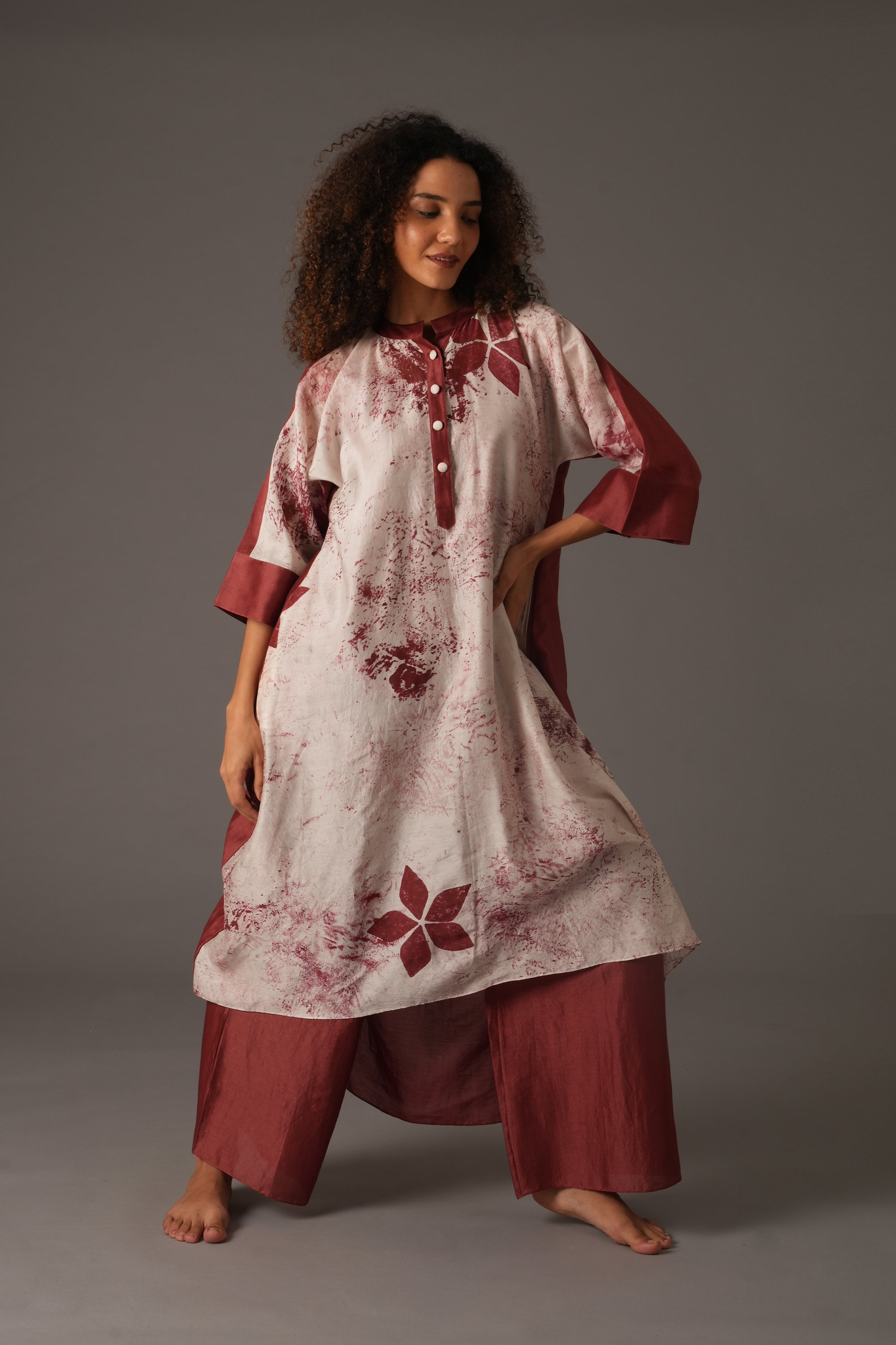 Texcher Print Gather's collar Dress with Pant & Scarff