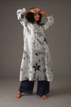 Texcher Print Round Neck Back Pleated Dress with pant