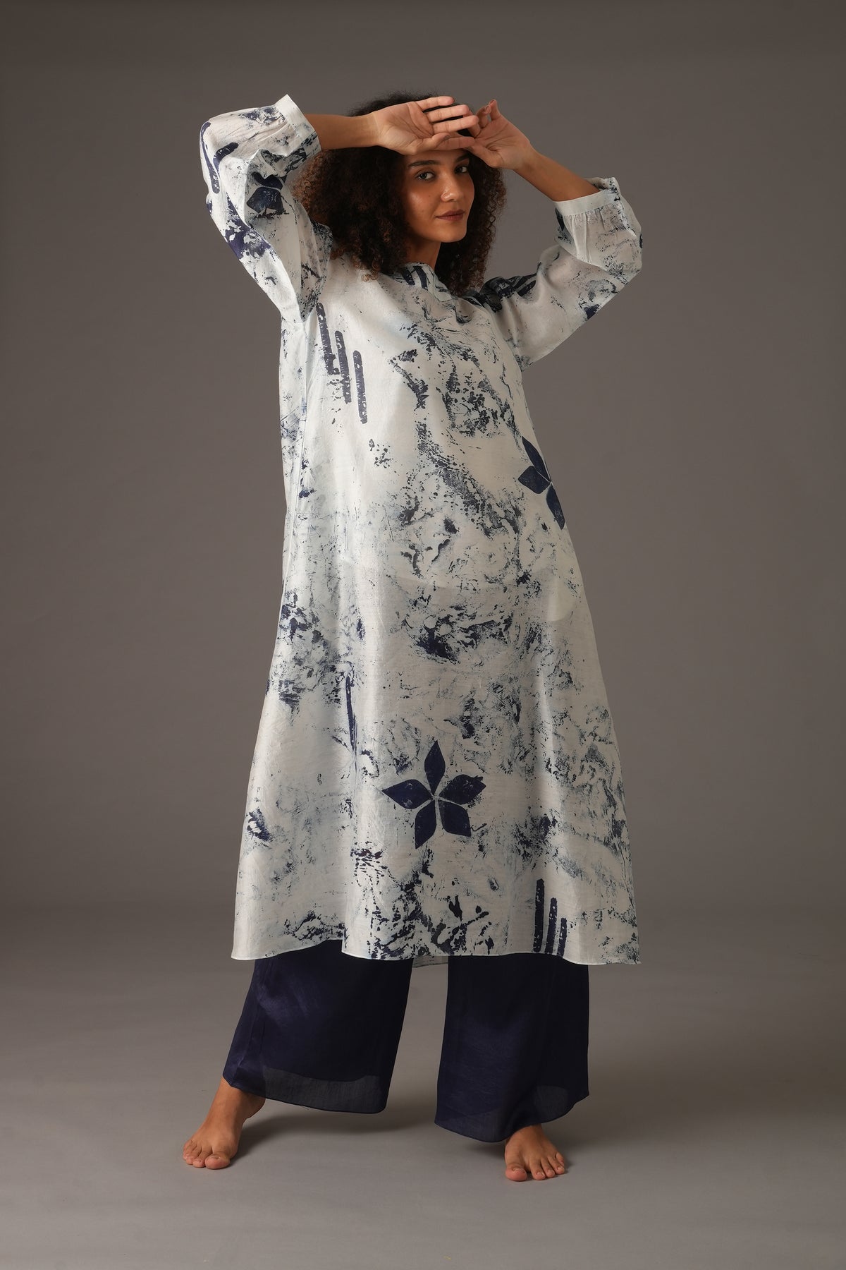 Texcher Print Round Neck Back Pleated Dress with pant