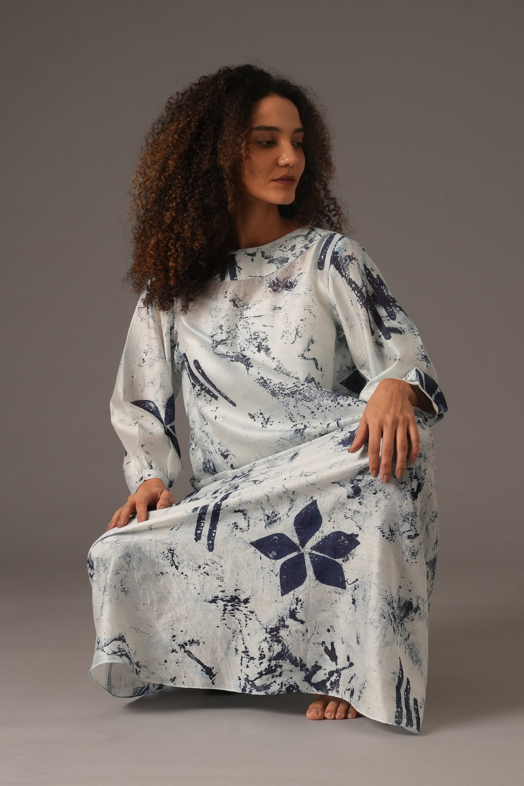 Texcher Print Round Neck Back Pleated Dress with pant