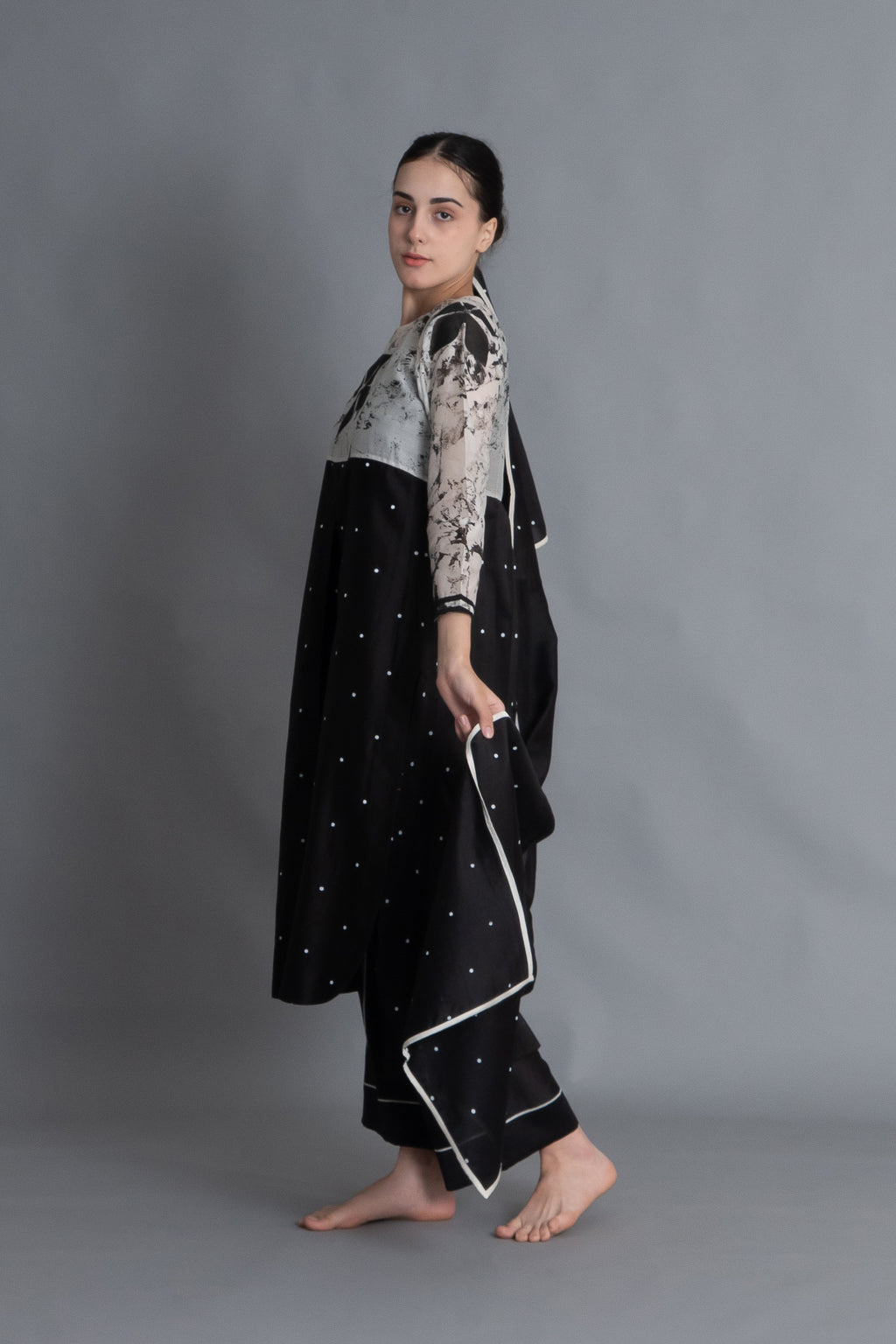 Black Printed Embroidered Dress Co-ord with Scraff