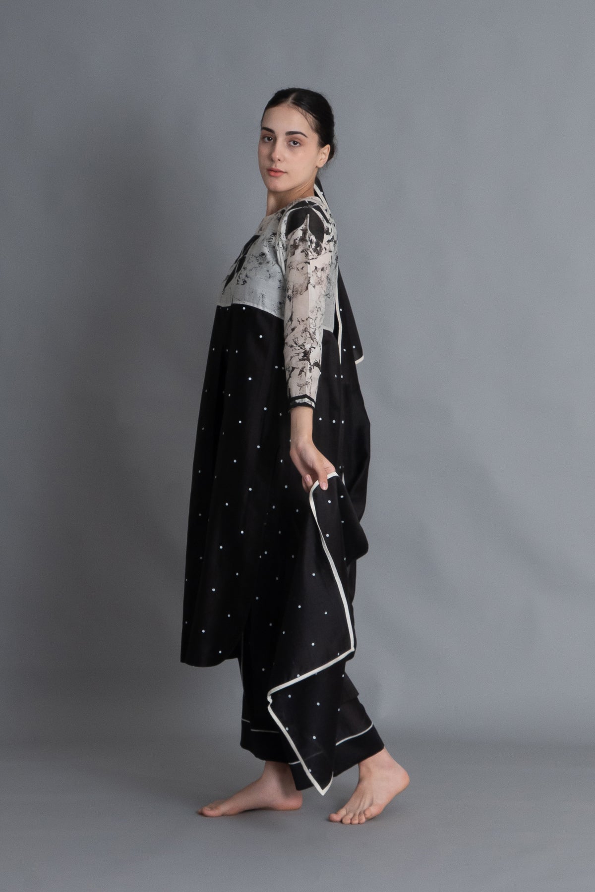 Black Printed Embroidered Dress Co-ord with Scraff