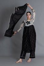 Black Printed Embroidered Dress Co-ord with Scraff