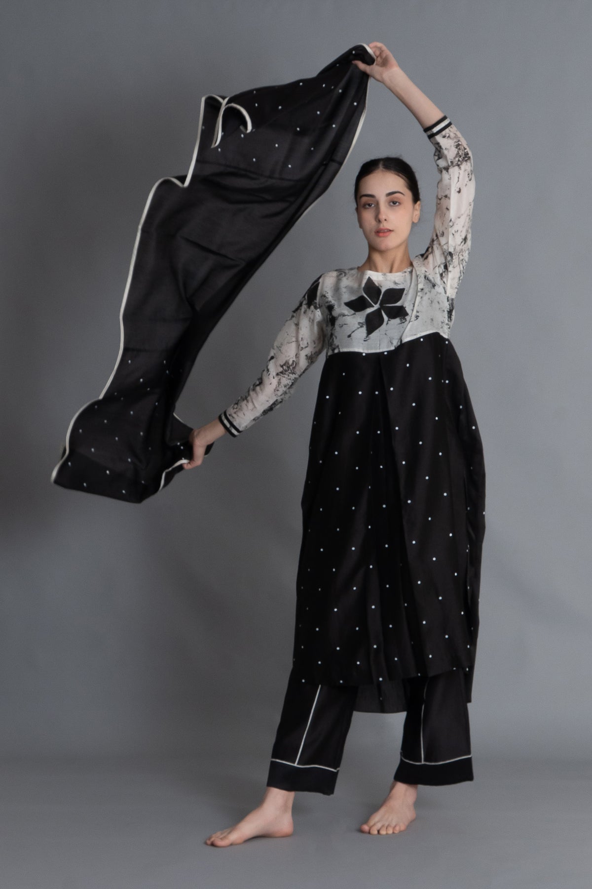 Black Printed Embroidered Dress Co-ord with Scraff