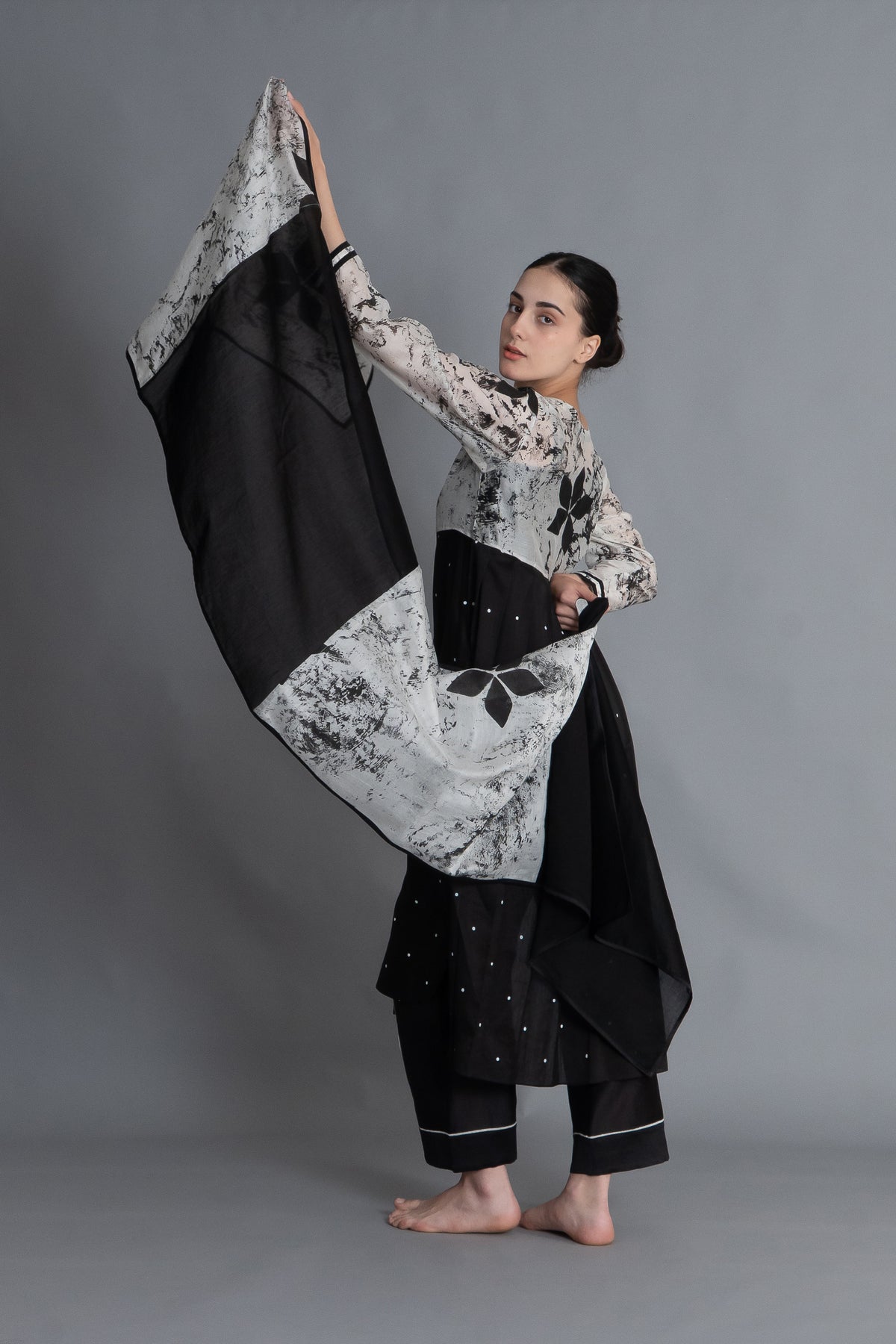 Black Printed Embroidered Dress Co-ord with Scraff