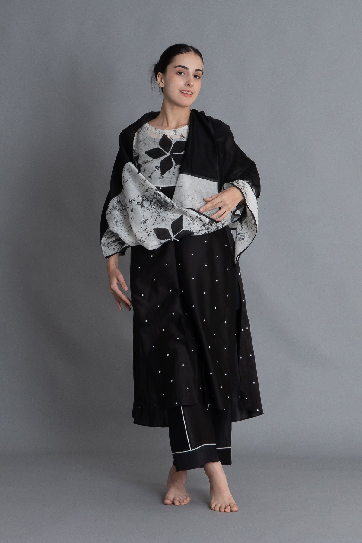 Black Printed Embroidered Dress Co-ord with Scraff