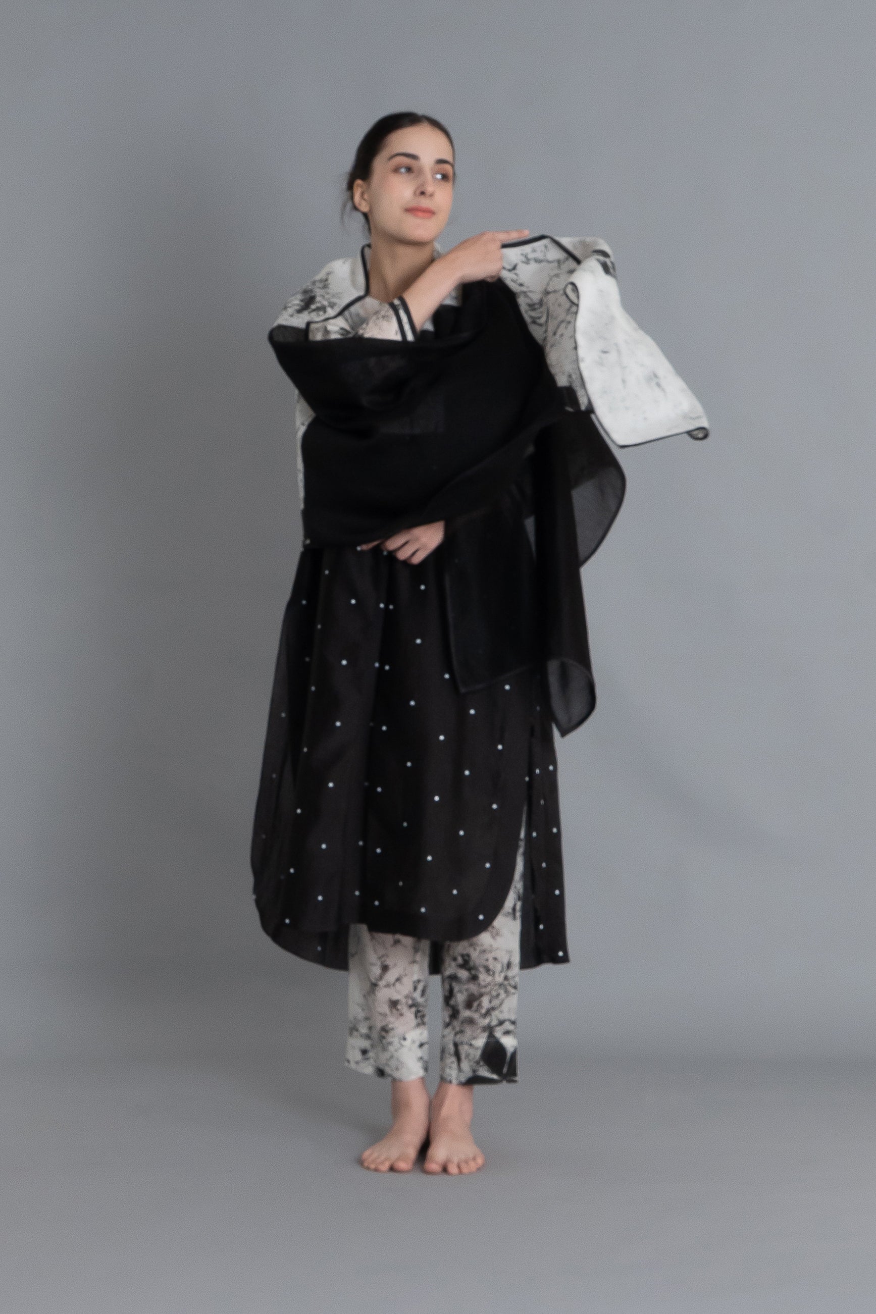 Black Printed Embroidered Dress Co-ord with Scraff