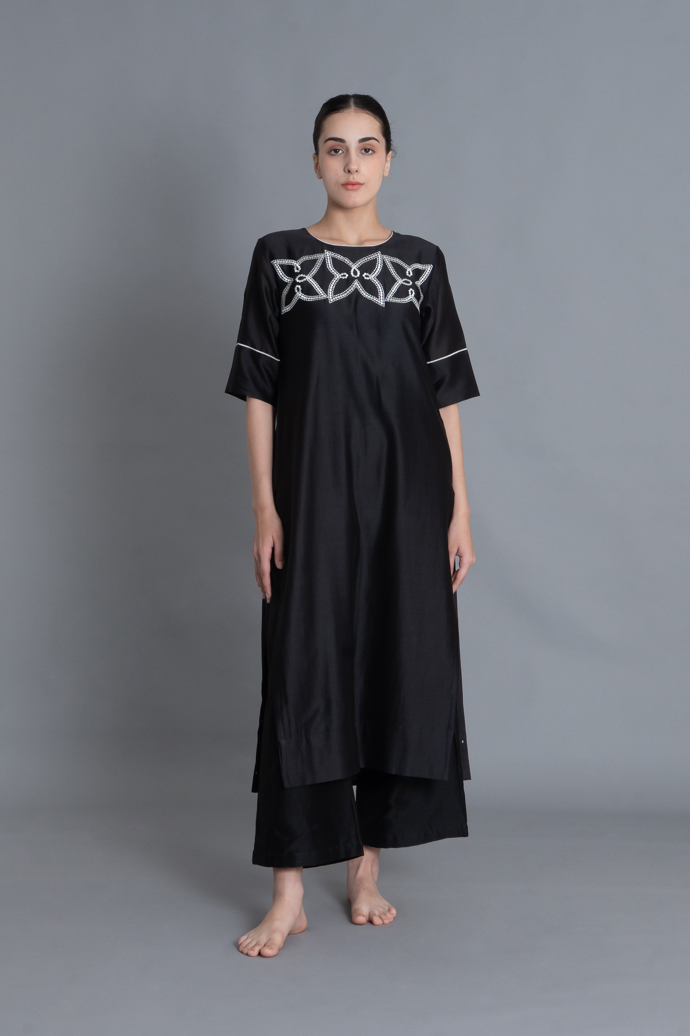 Black Floral Embroidered Pleated Dress Co-ord
