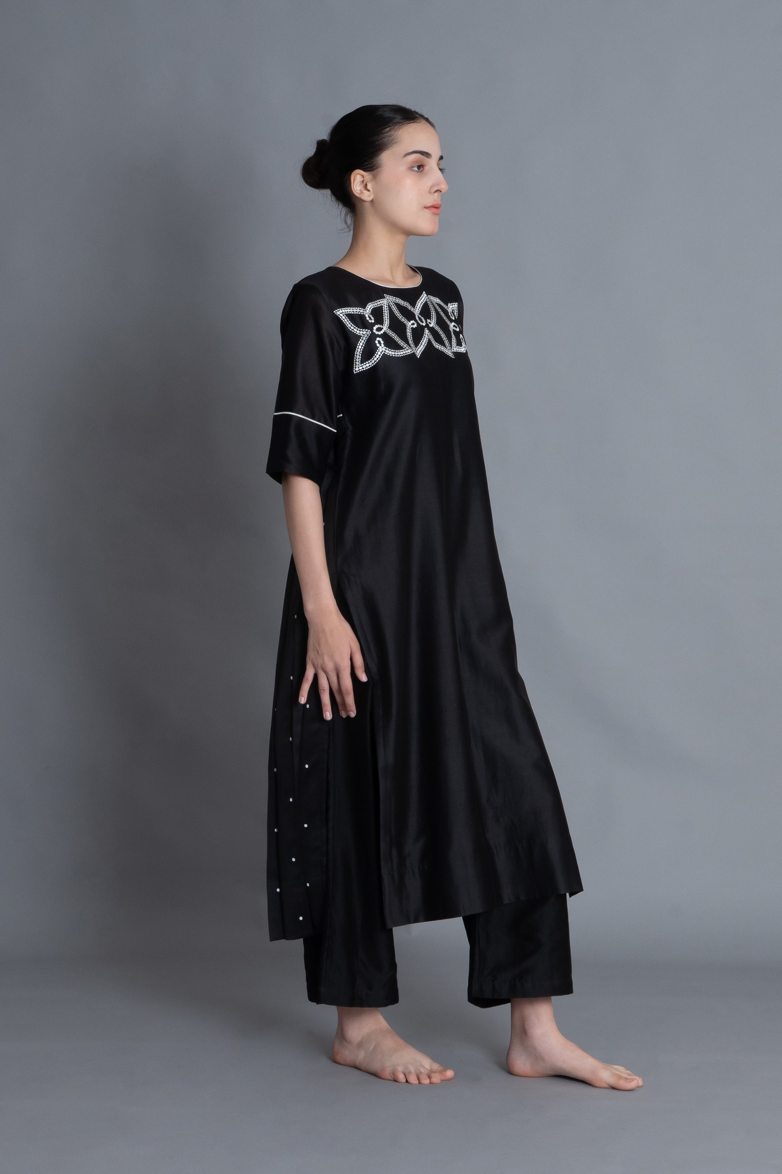 Black Floral Embroidered Pleated Dress Co-ord