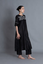 Black Floral Embroidered Pleated Dress Co-ord with Scraff