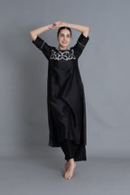 Black Floral Embroidered Pleated Dress Co-ord with Scraff