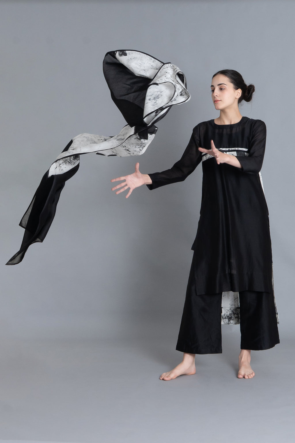 Black Textured Pleated Dress Co-ord with Scraff