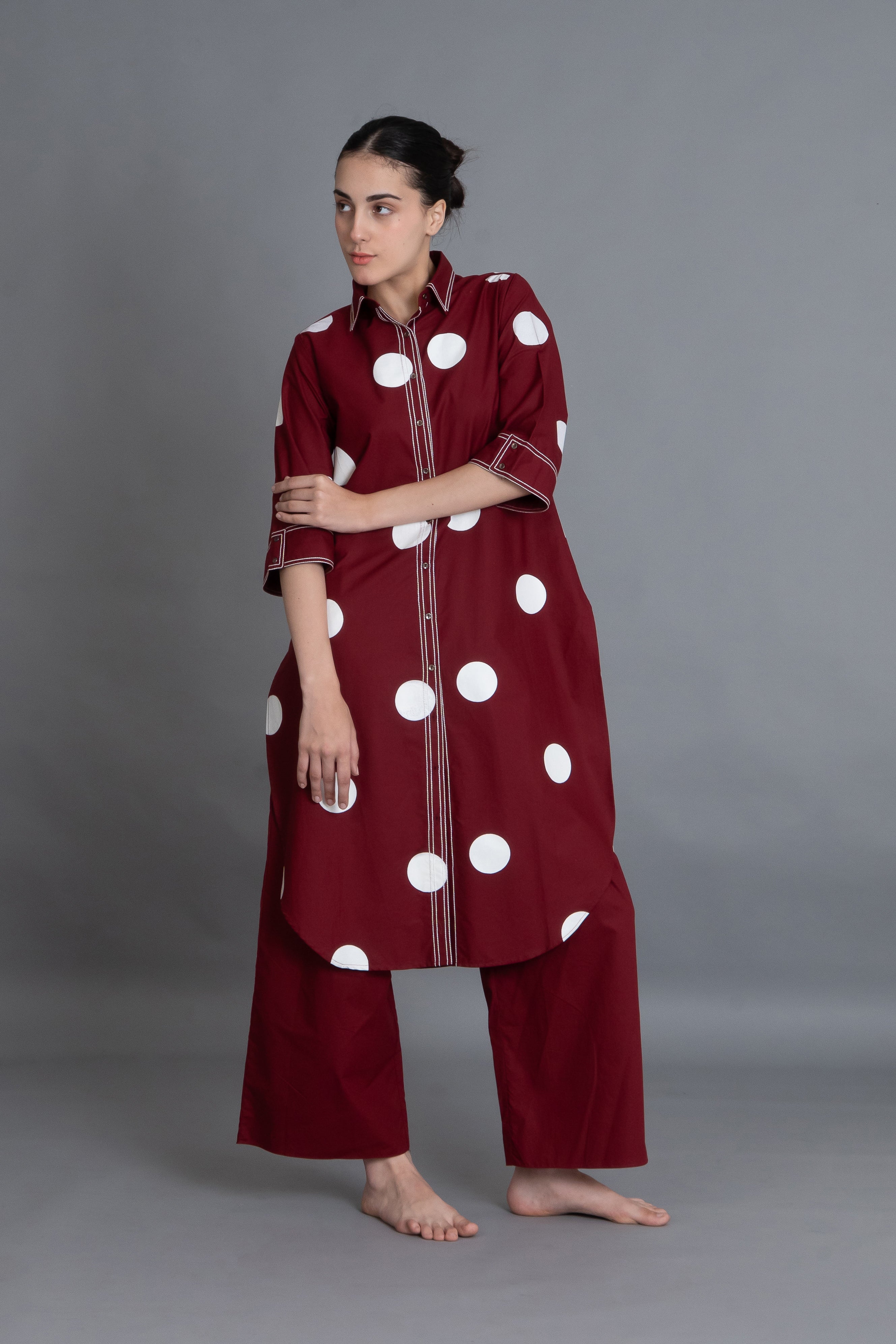 Crimson Embroidered Polka Shirt Co-ord