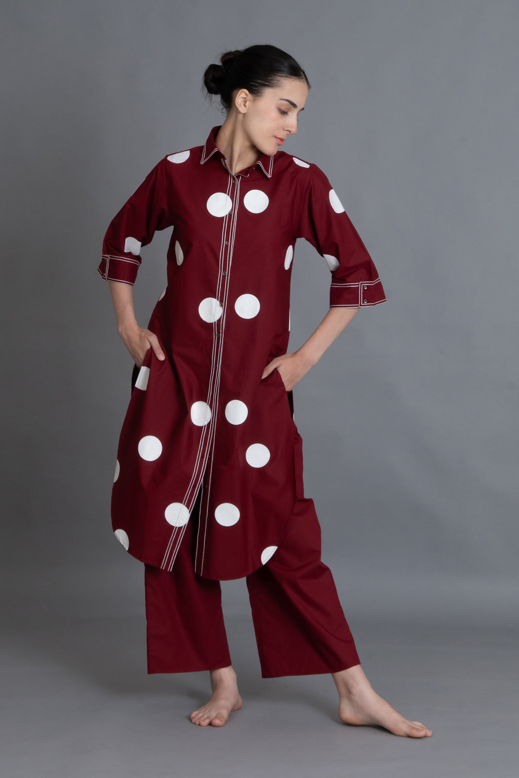 Crimson Embroidered Polka Shirt Co-ord