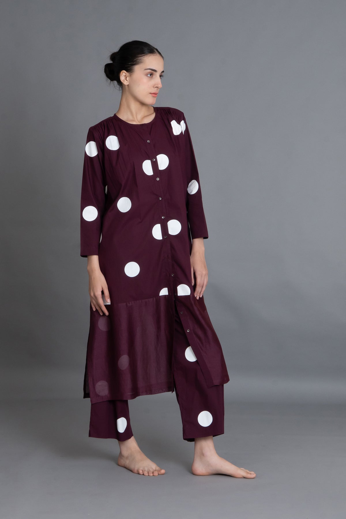 Maroon Polka Chanderi Gathered Dress Co-ord