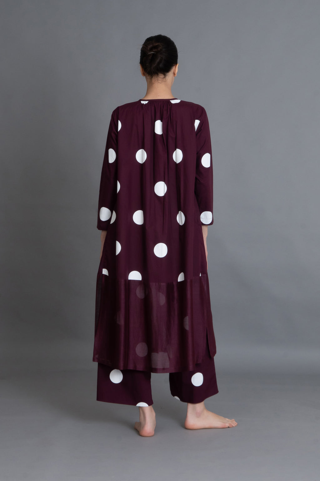 Maroon Polka Chanderi Gathered Dress Co-ord