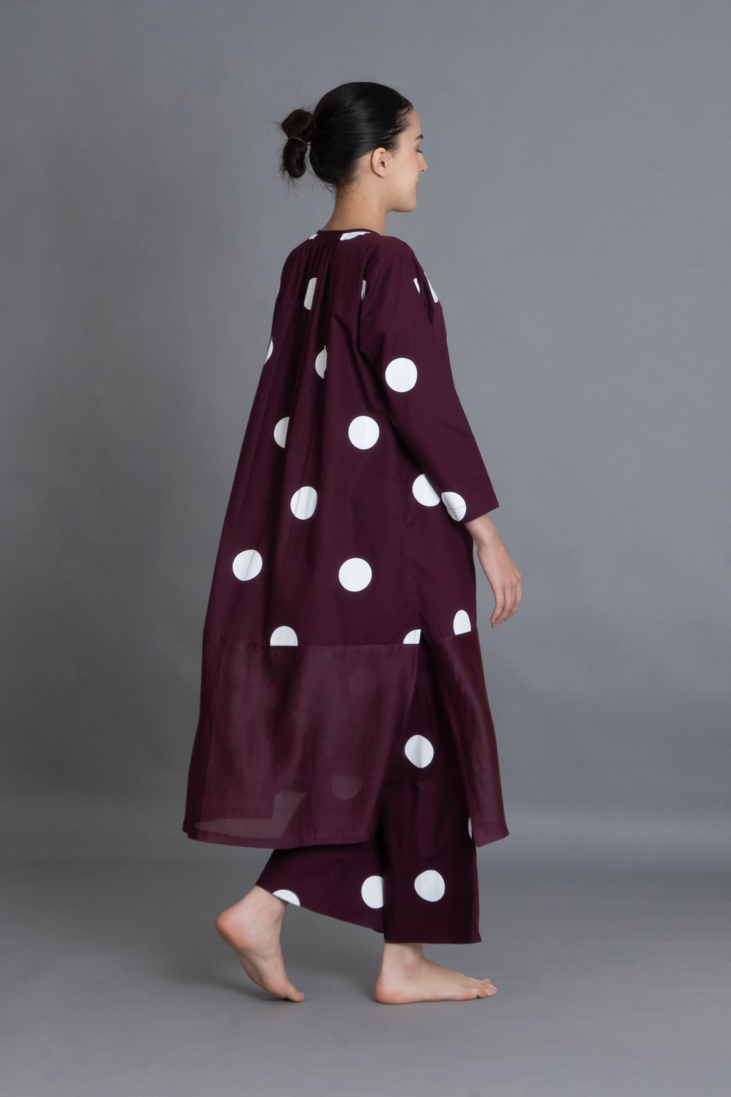 Maroon Polka Chanderi Gathered Dress Co-ord