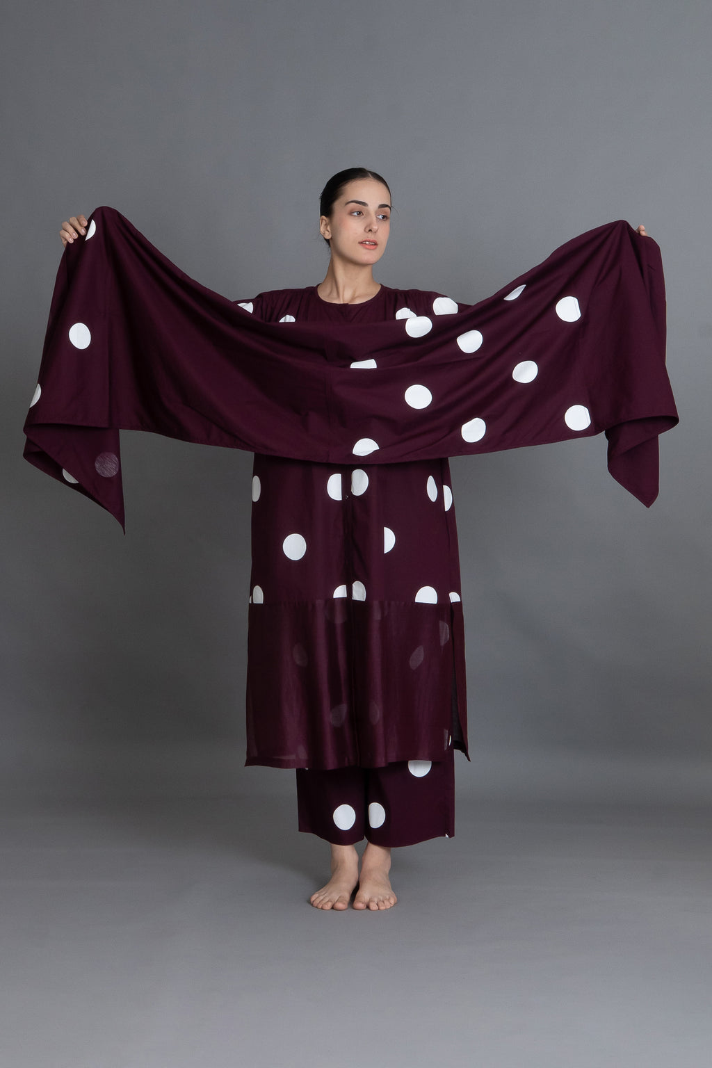 Maroon Polka Chanderi Gathered Dress Co-ord with Scraff