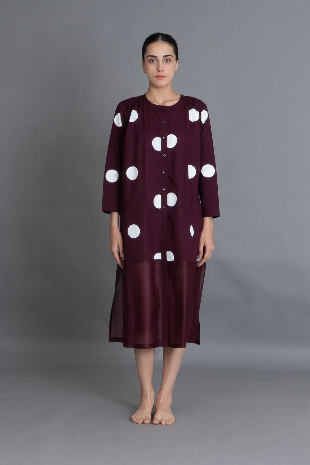 Maroon Polka Chanderi Gathered Dress