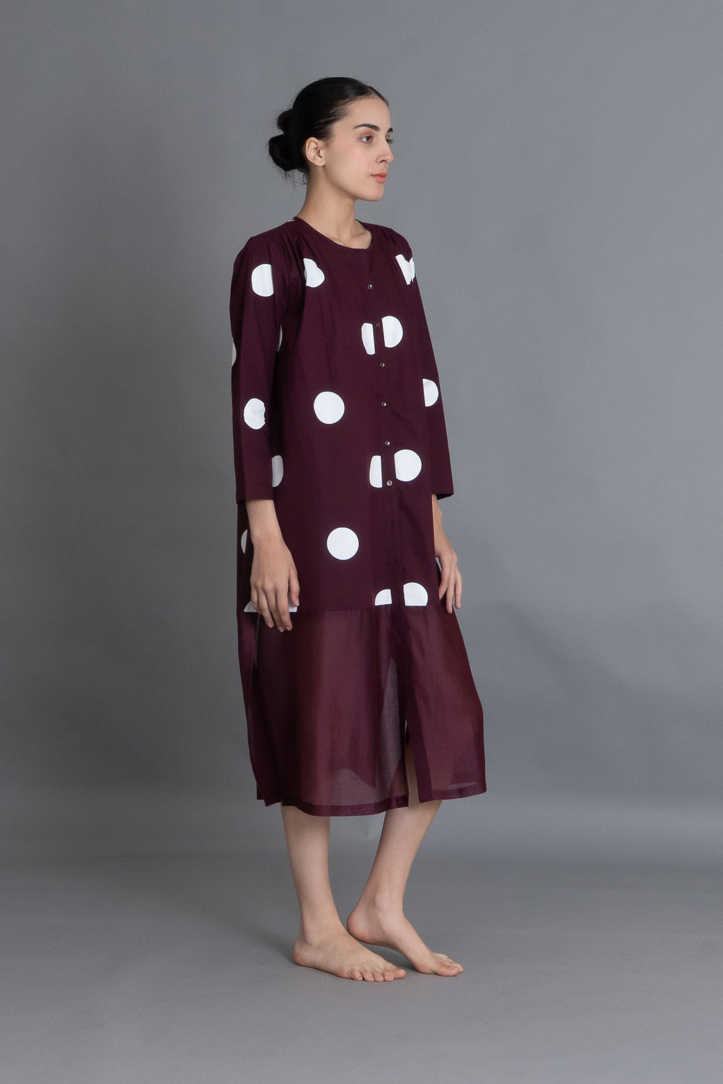 Maroon Polka Chanderi Gathered Dress