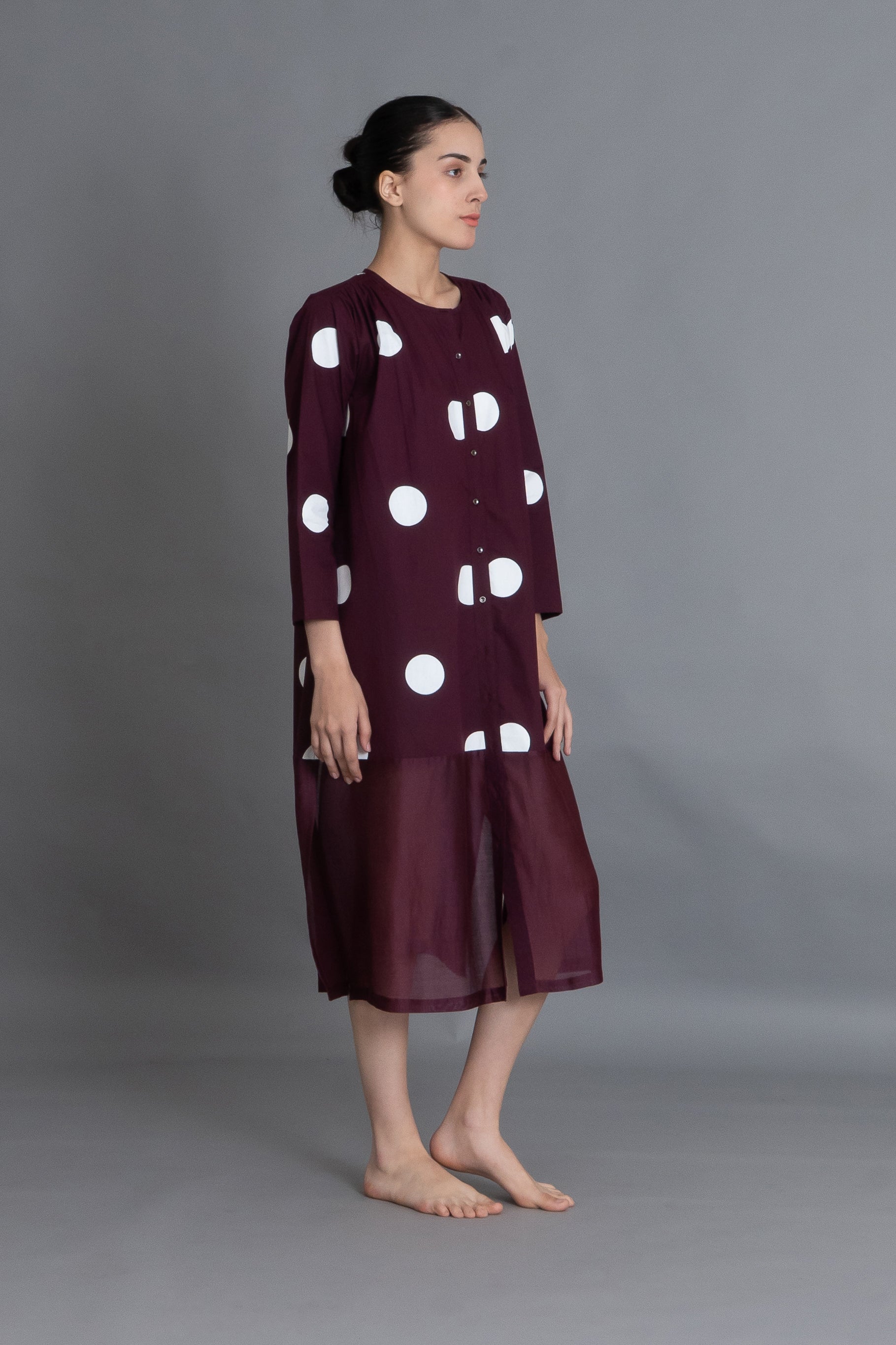 Maroon Polka Chanderi Gathered Dress