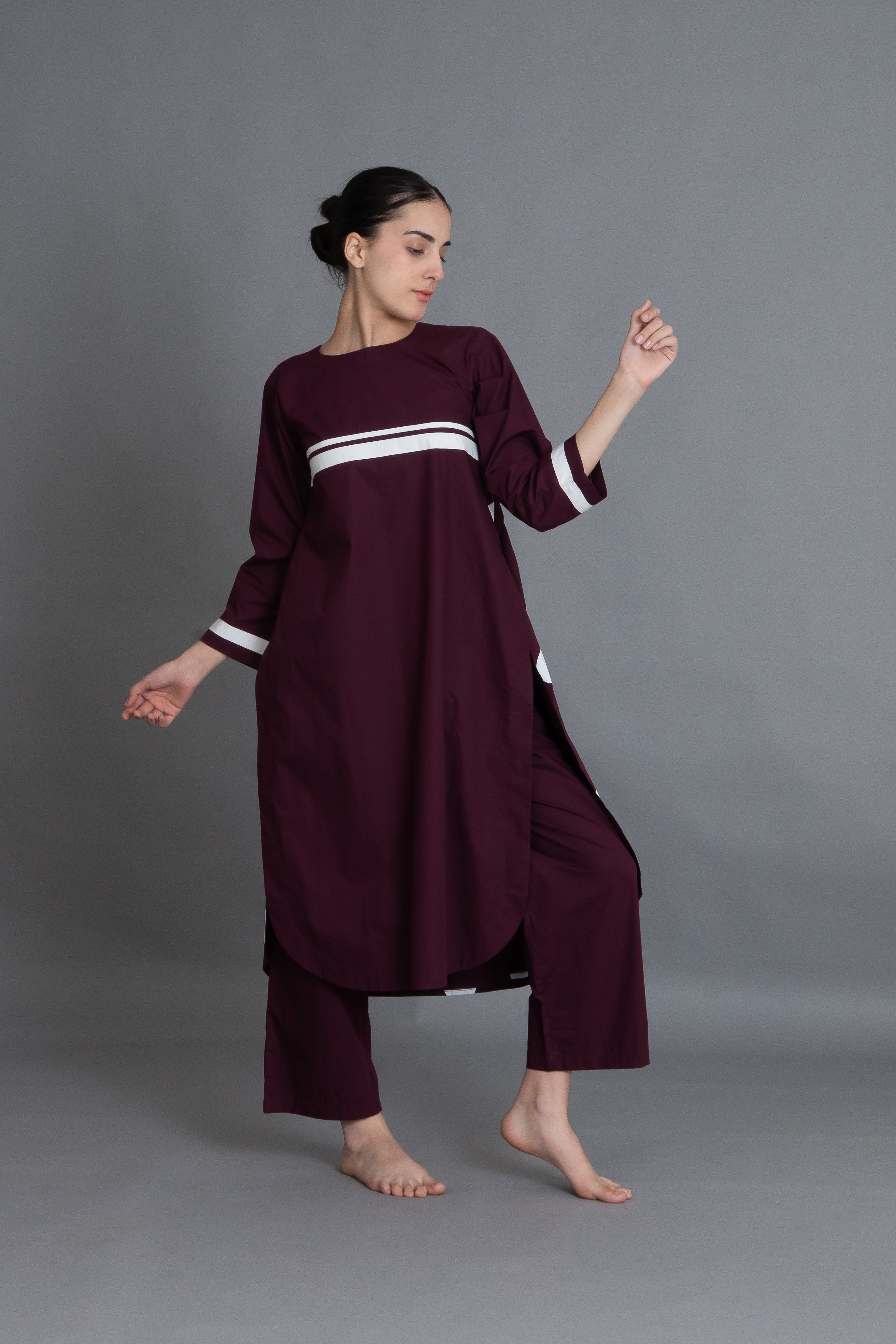 Maroon Polka Pleated Back Dress Co-ord