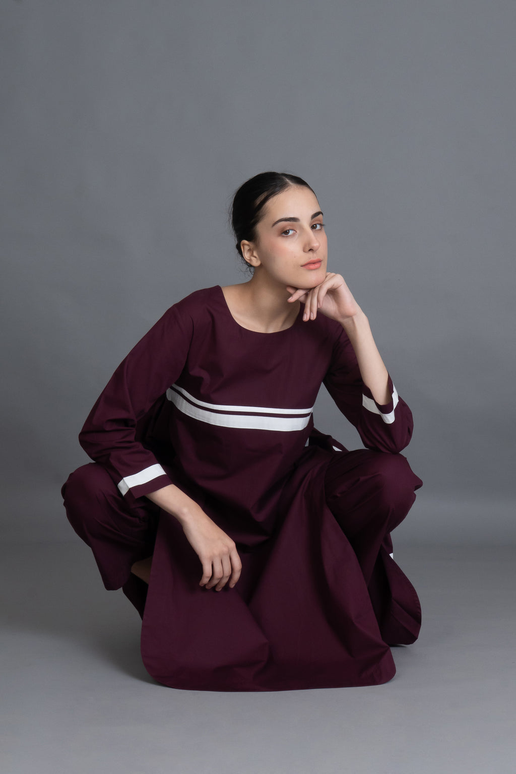 Maroon Polka Pleated Back Dress Co-ord