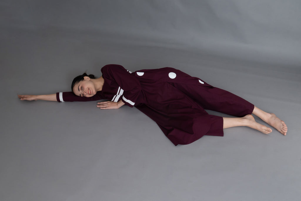 Maroon Polka Pleated Back Dress Co-ord