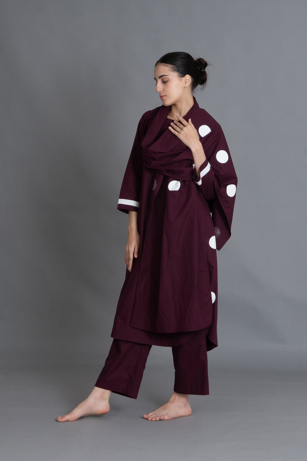 Maroon Polka Pleated Back Dress Co-ord with Scraff