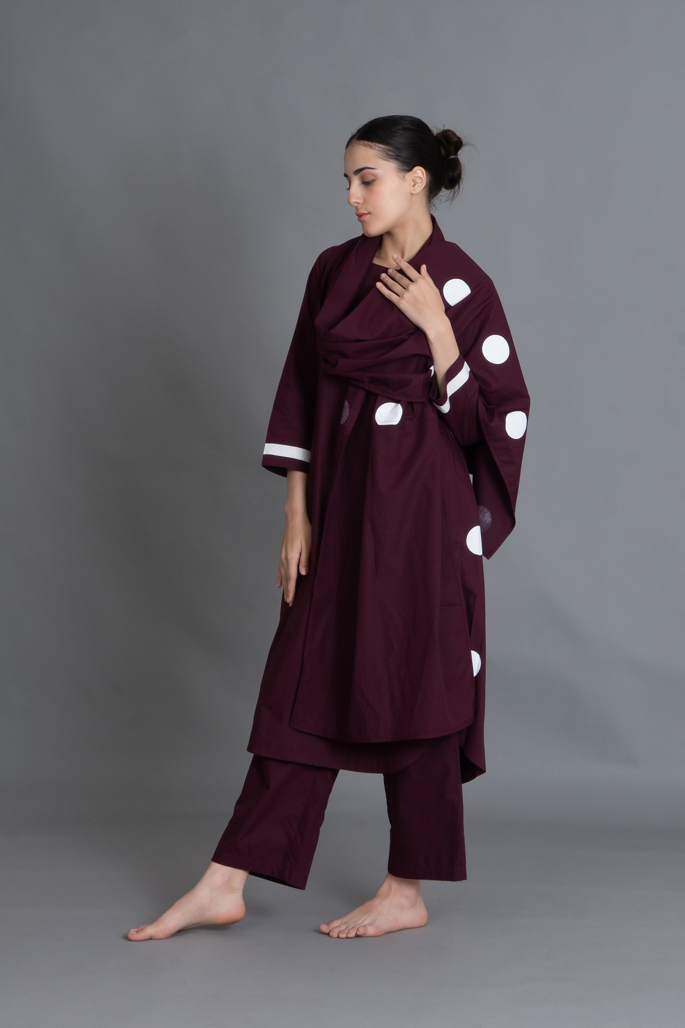 Maroon Polka Pleated Back Dress Co-ord with Scraff