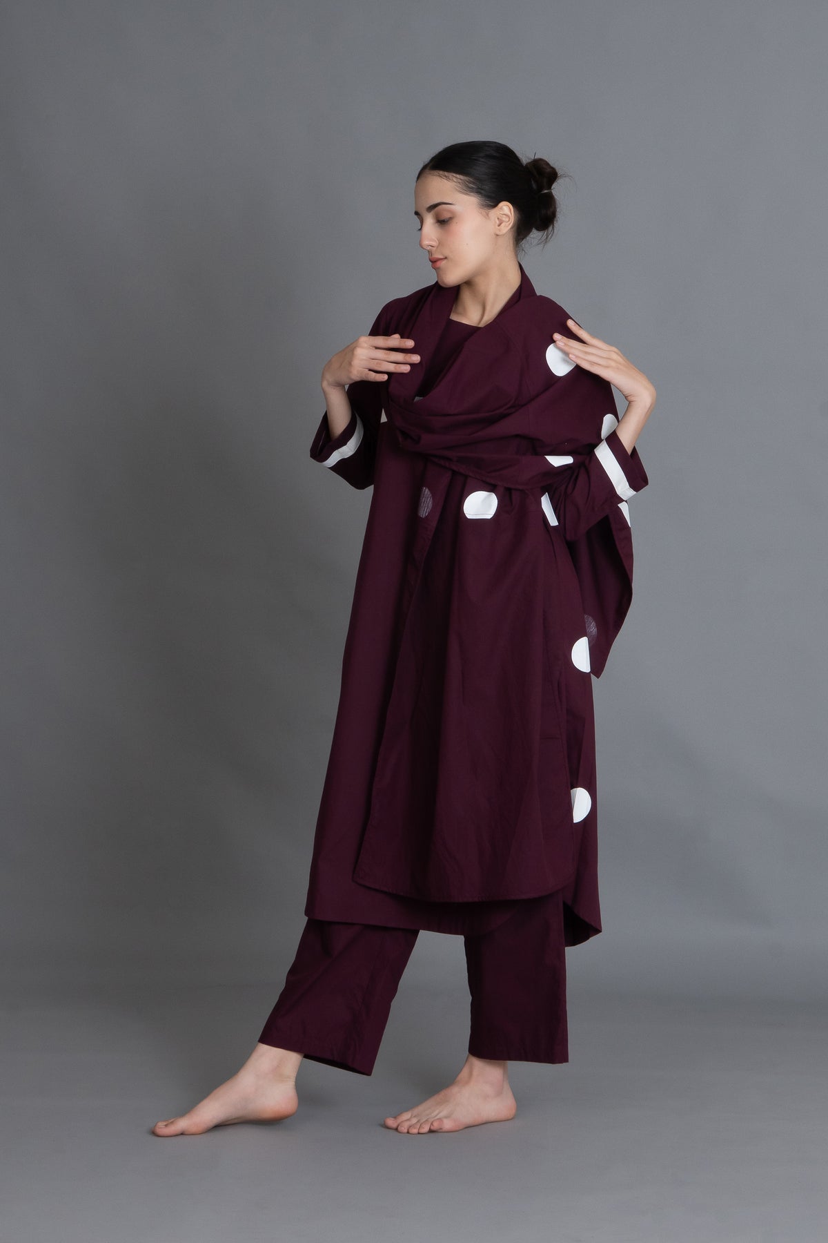 Maroon Polka Pleated Back Dress Co-ord with Scraff