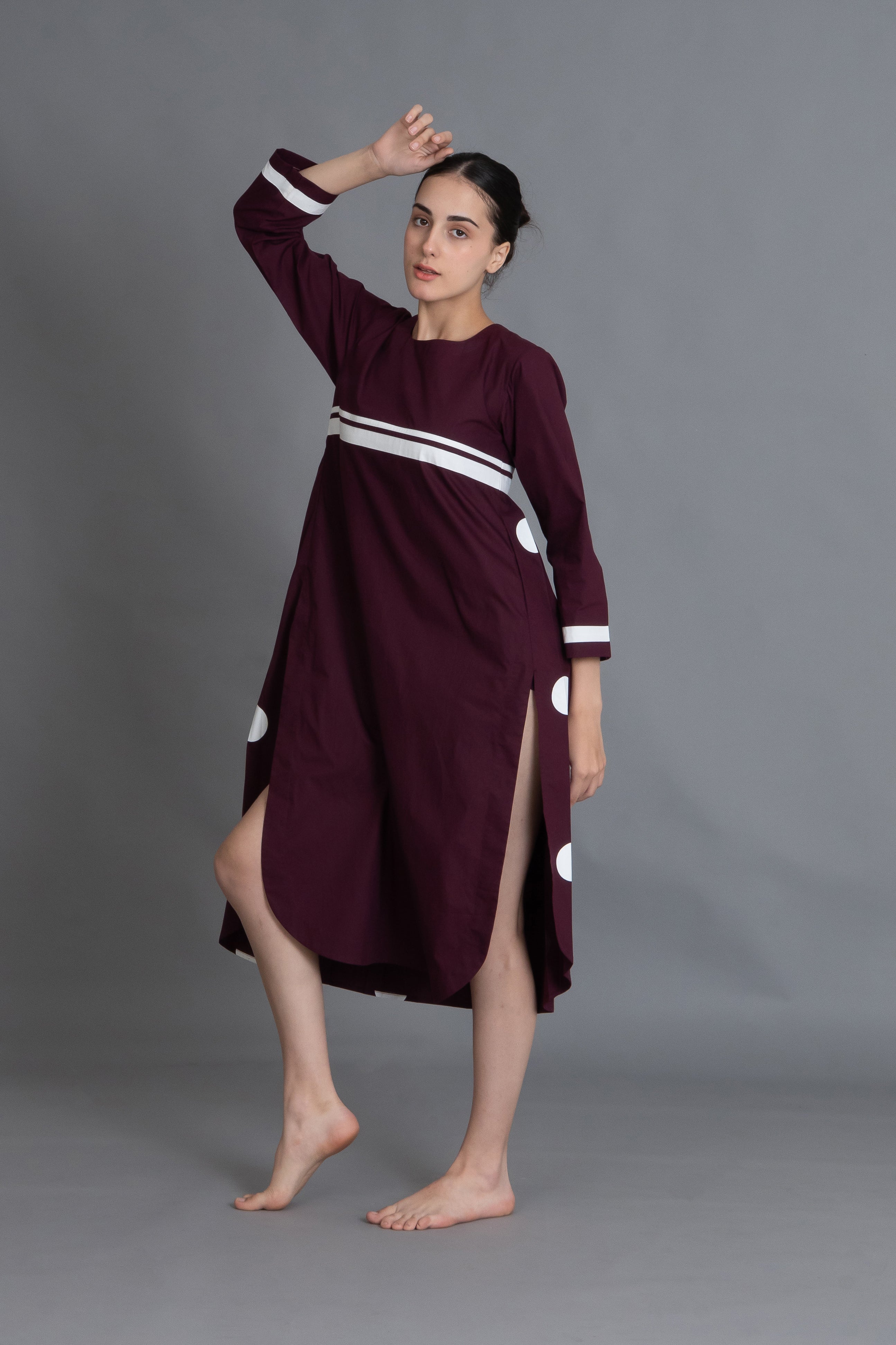 Maroon Polka Pleated Back Dress