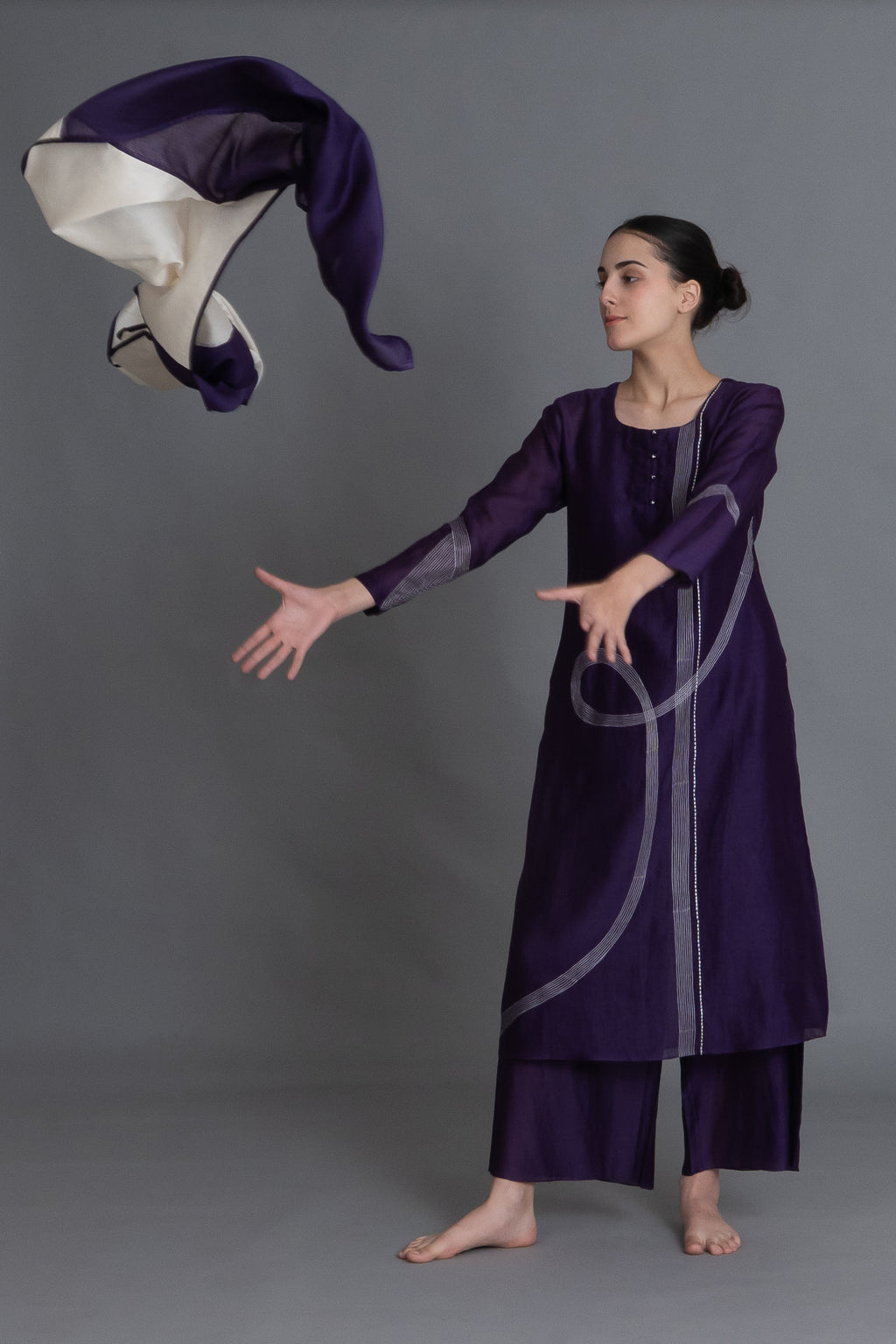 Purple Embroidered Dress Co-ord with Scraff