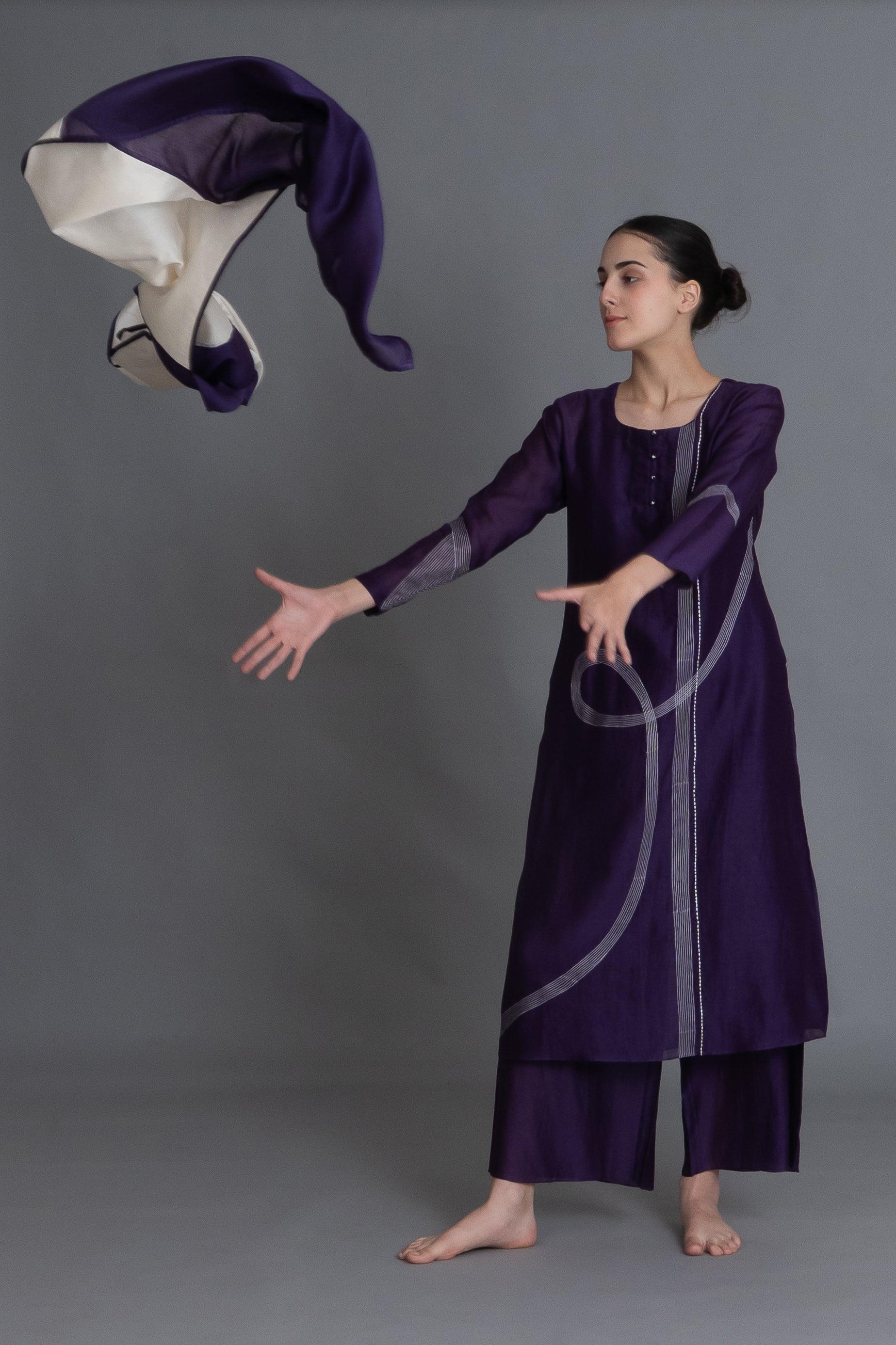 Purple Embroidered Dress Co-ord with Scraff
