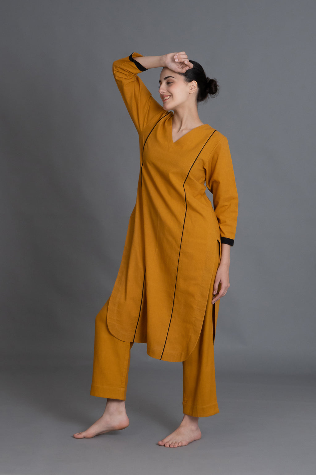 Mustered Cotton V-Neck Dress