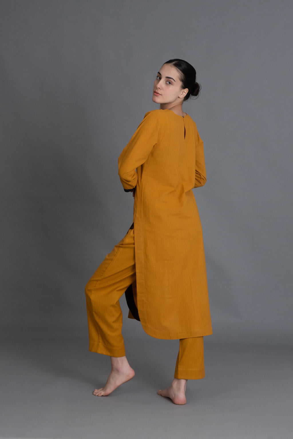 Mustered Cotton V-Neck Dress