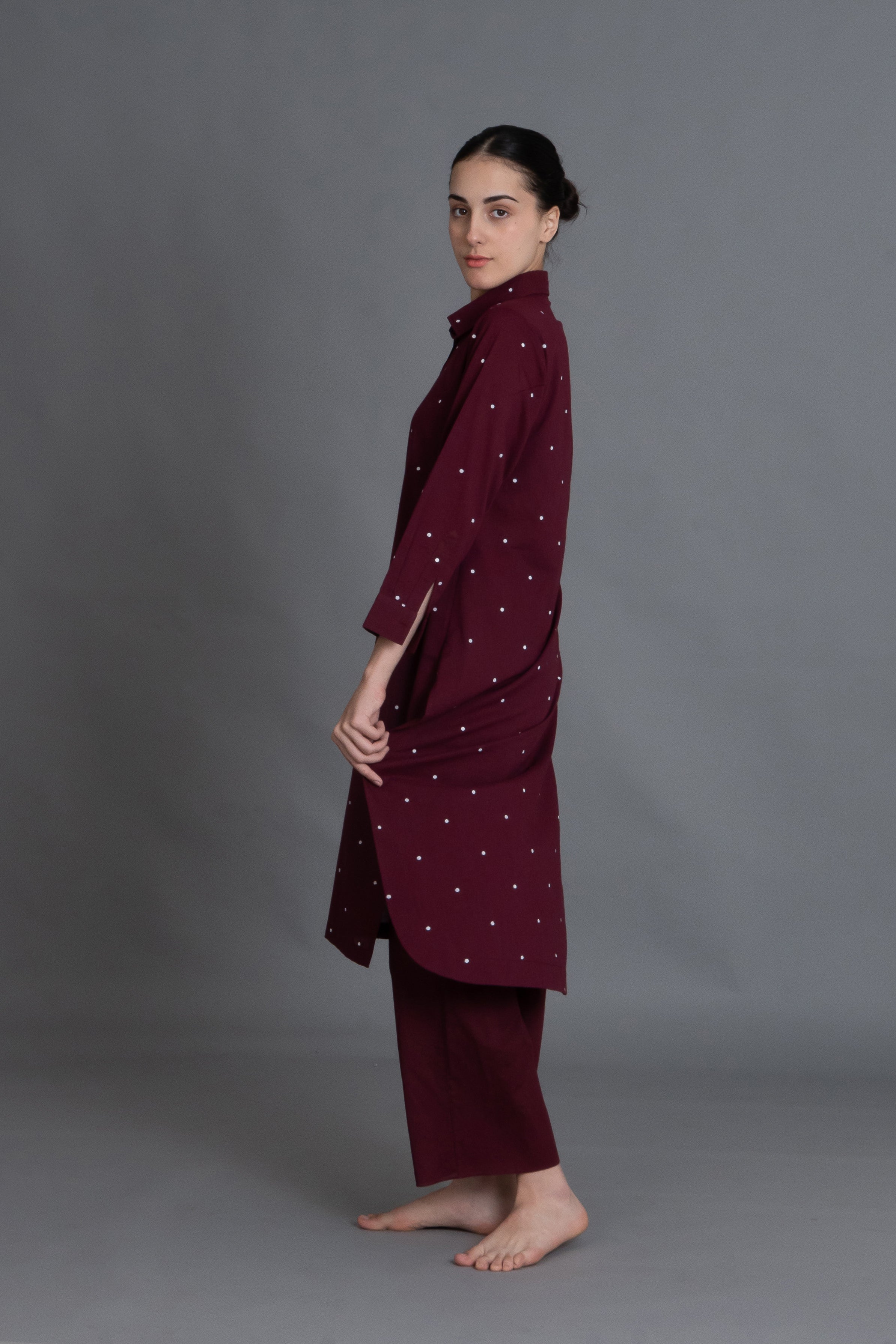 Burgundy Dot Front-Open Shirt Co-ord