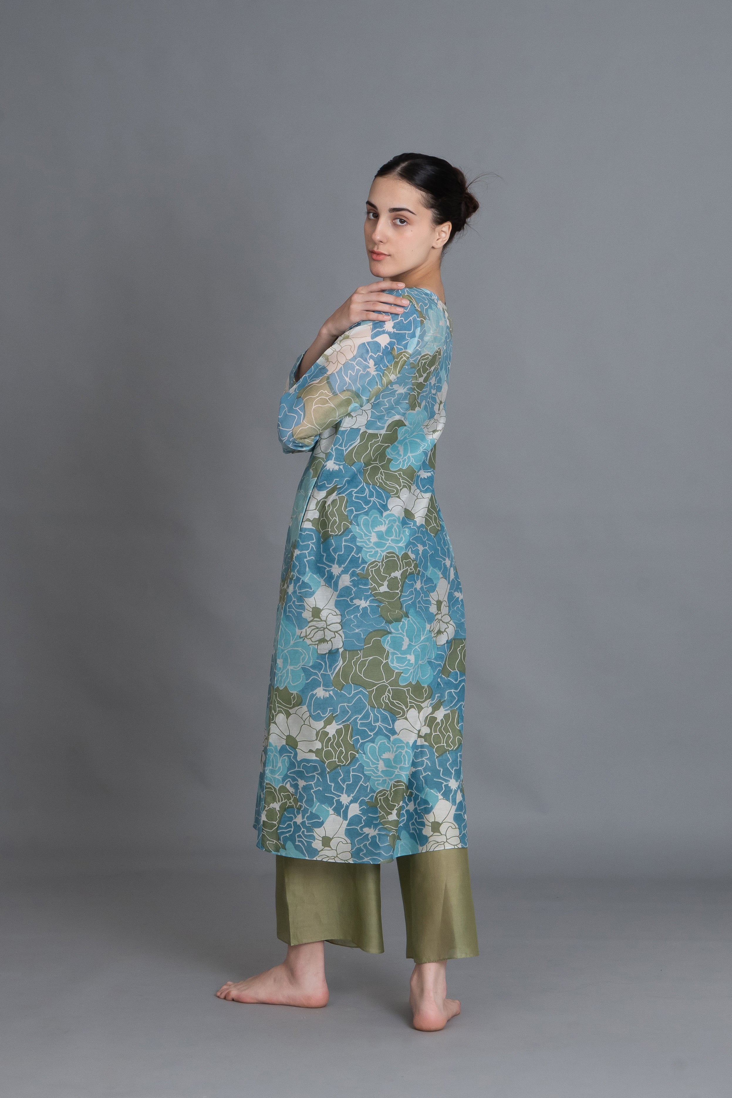 Ocean Blue Floral Print Kurta Co-ord