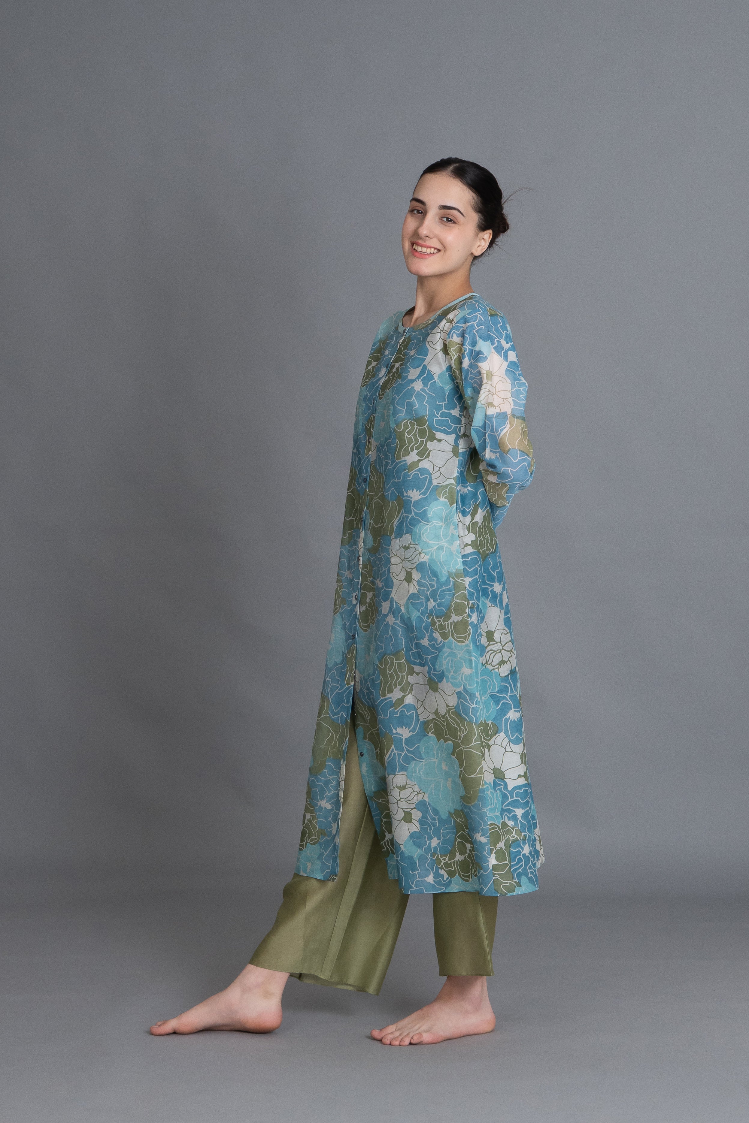 Ocean Blue Floral Print Kurta Co-ord