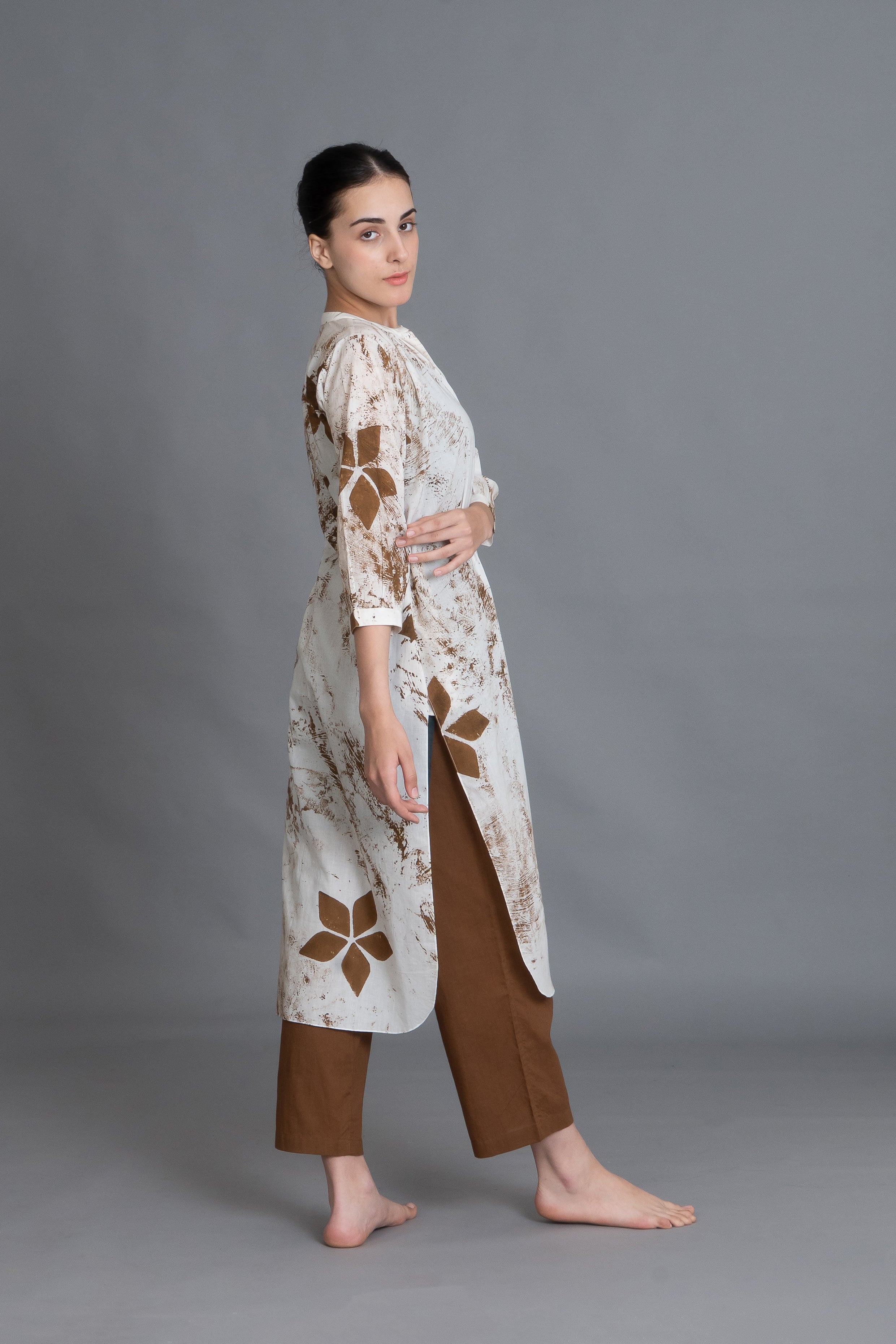 Earthy Brown Print Dress Co-ord With Scraff