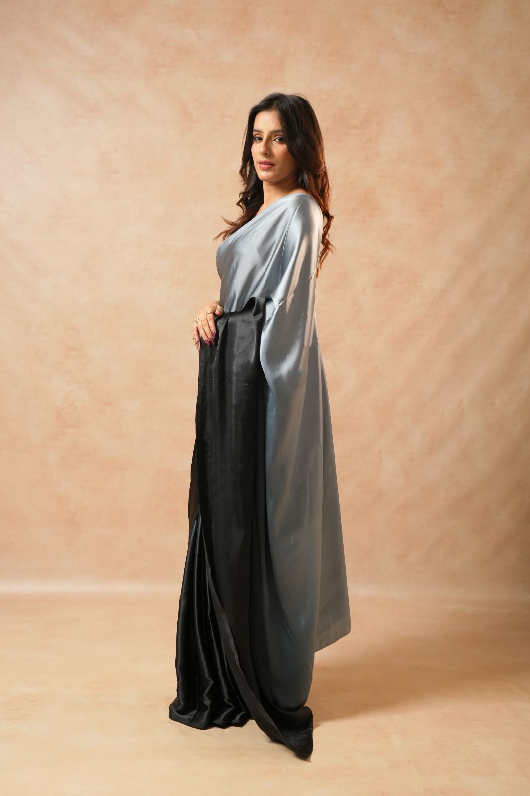 Arekaa Black Multicolor Moon Night Black Glass Shine Satin Saree For Womens