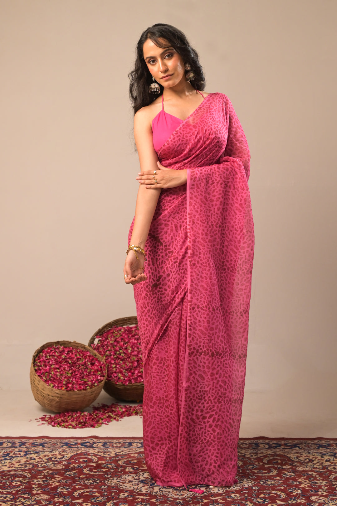 Arekaa Pink Urban Safari Pure Silk Organza Hand Block Print Saree For Womens