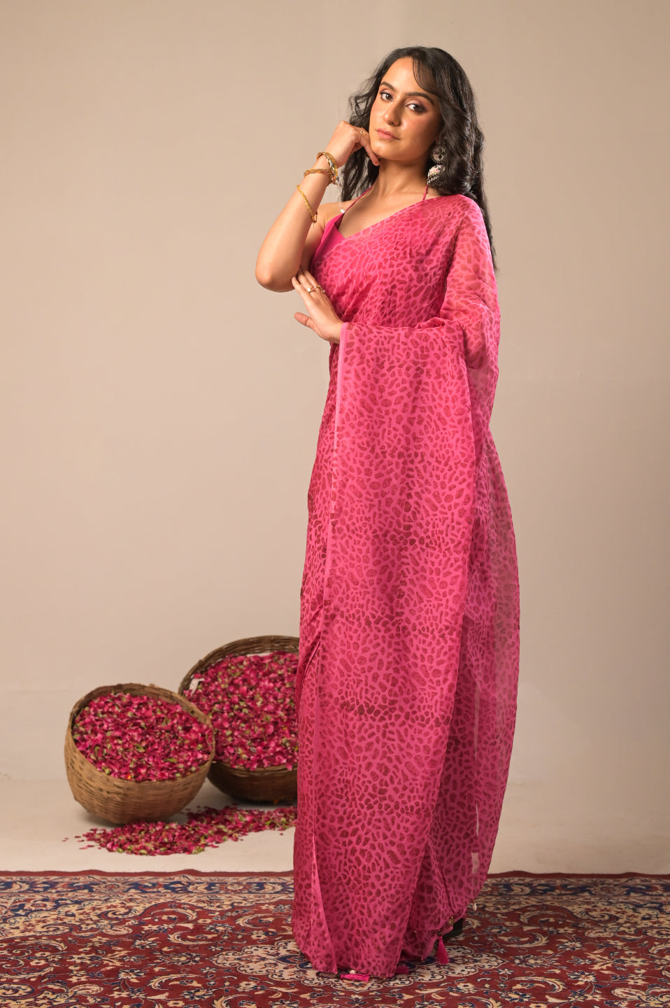 Arekaa Pink Urban Safari Pure Silk Organza Hand Block Print Saree For Womens