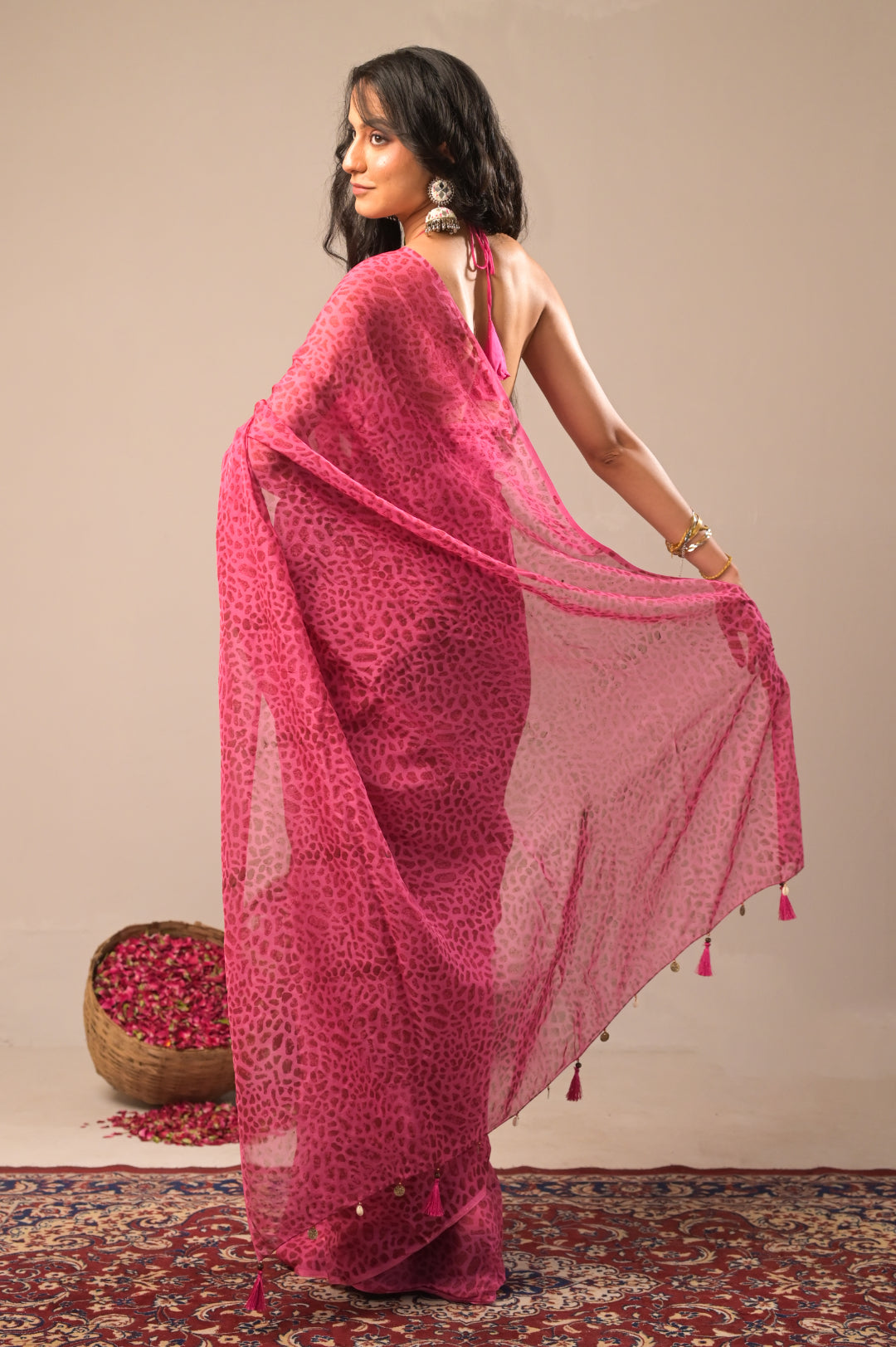 Arekaa Pink Urban Safari Pure Silk Organza Hand Block Print Saree For Womens