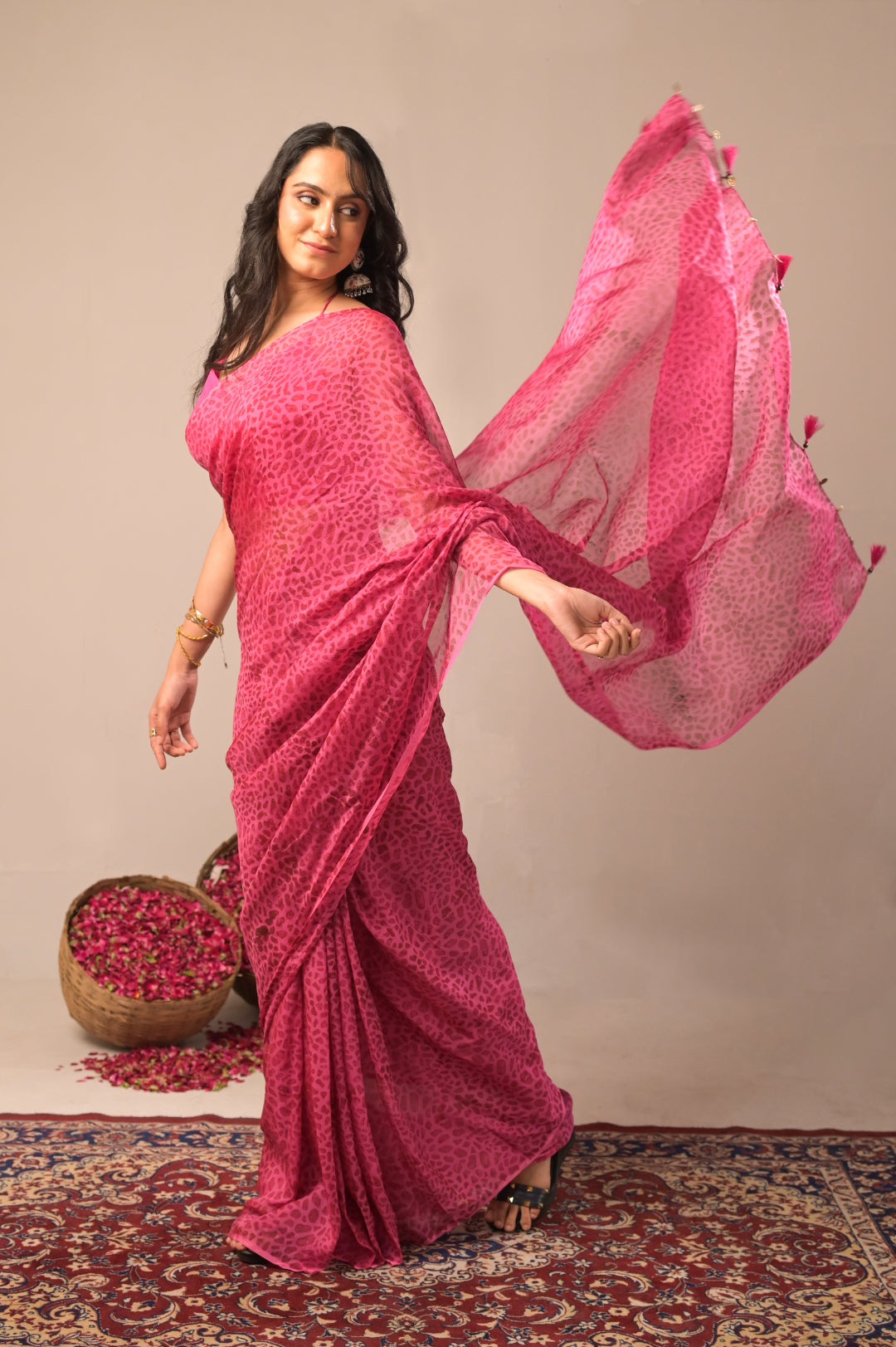 Arekaa Pink Urban Safari Pure Silk Organza Hand Block Print Saree For Womens
