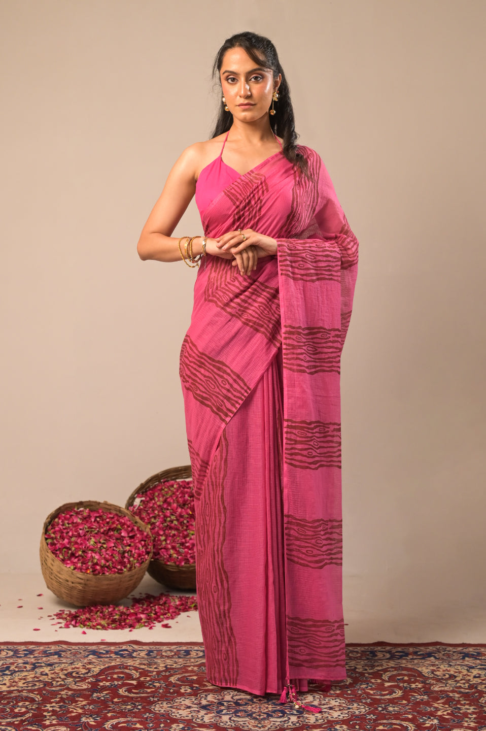 Arekaa Pink Wood Whisper Hand Block Print Pure Kota Cotton Saree For Womens