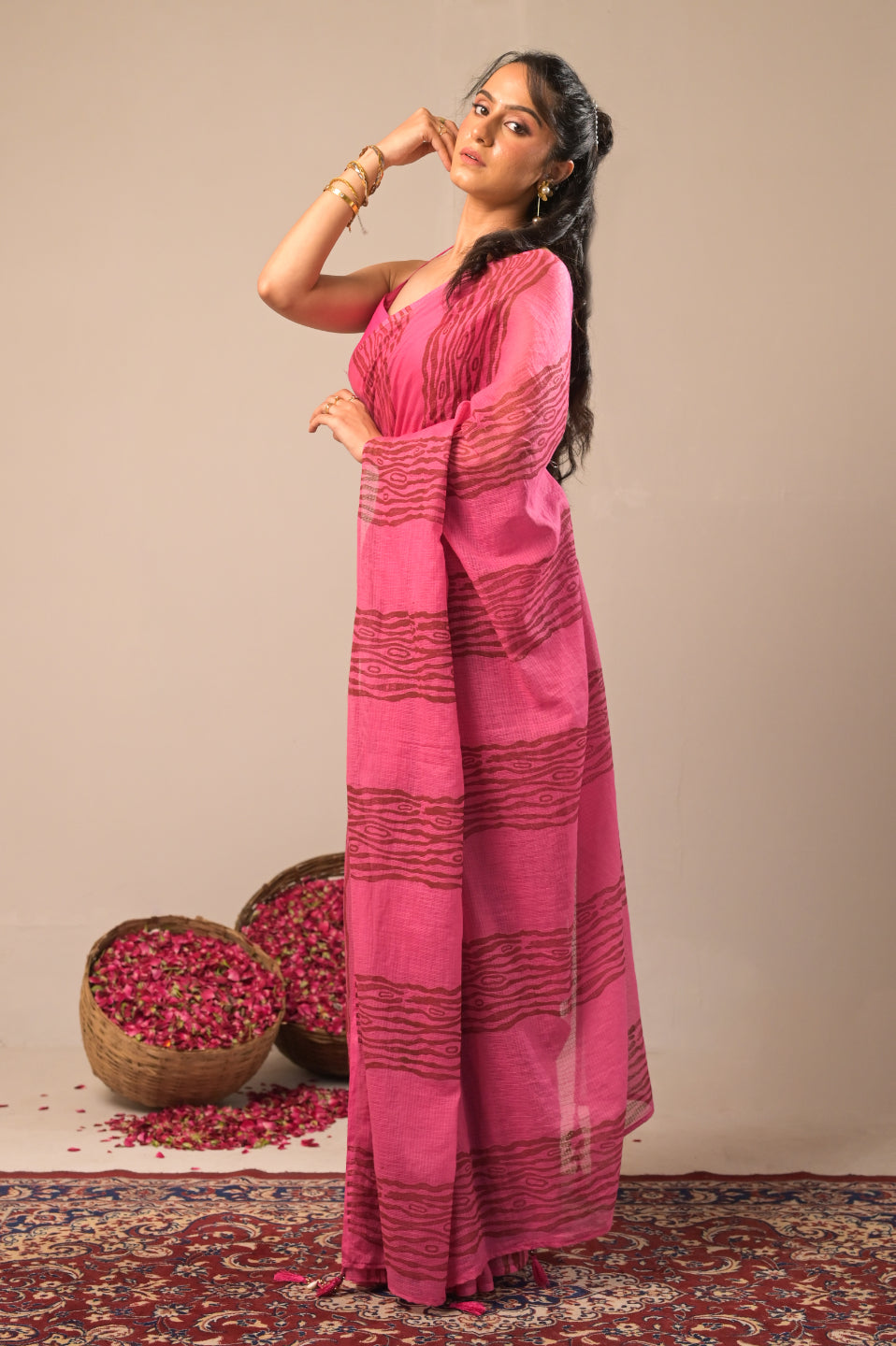 Arekaa Pink Wood Whisper Hand Block Print Pure Kota Cotton Saree For Womens