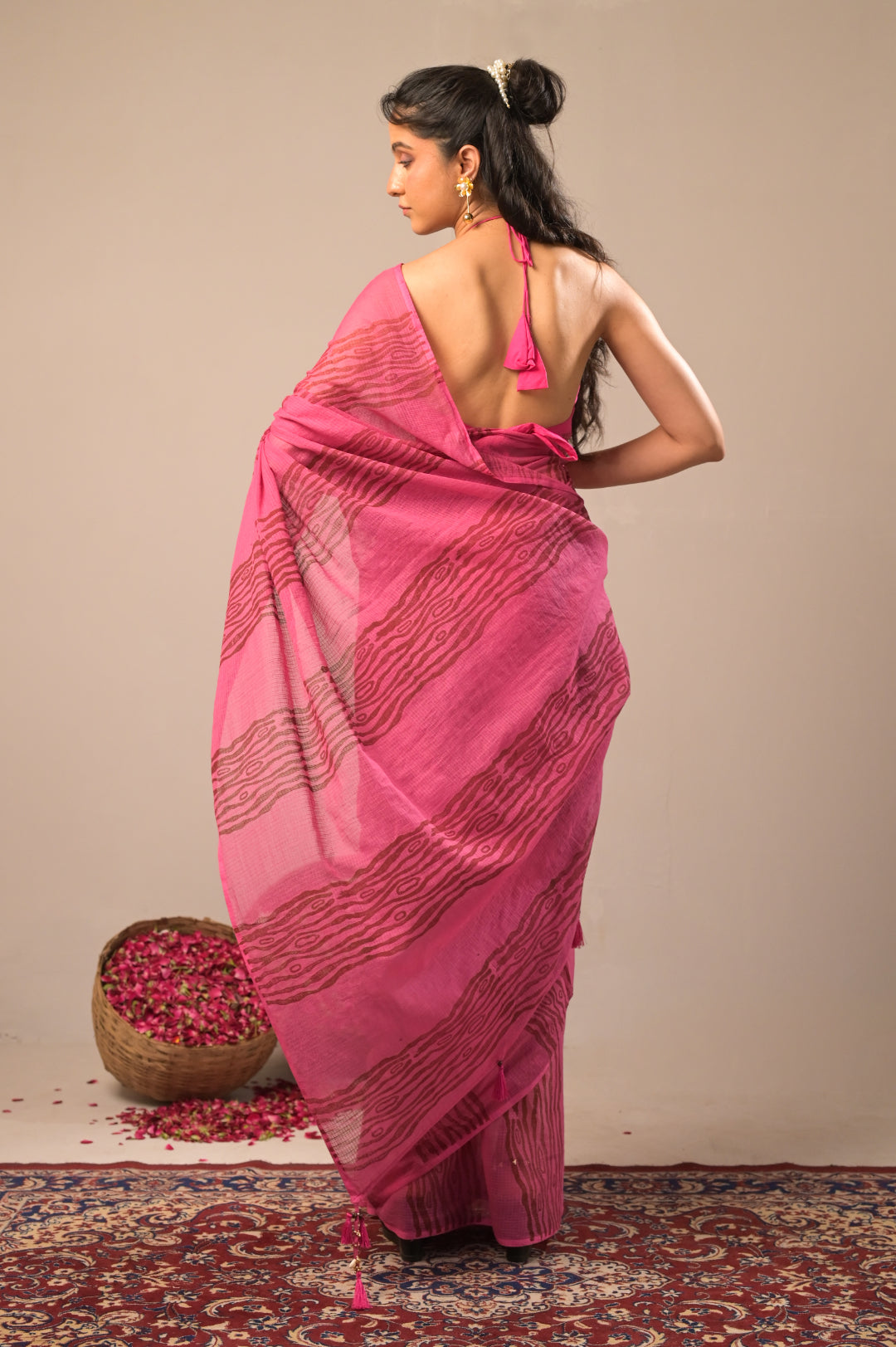 Arekaa Pink Wood Whisper Hand Block Print Pure Kota Cotton Saree For Womens