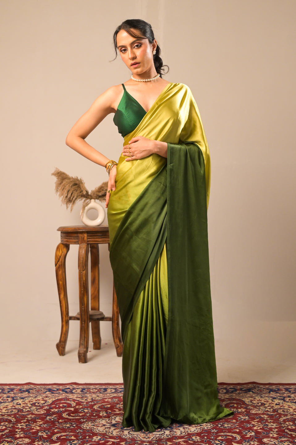 Arekaa Green Aurora Verde Glass Shine Satin Saree For Womens